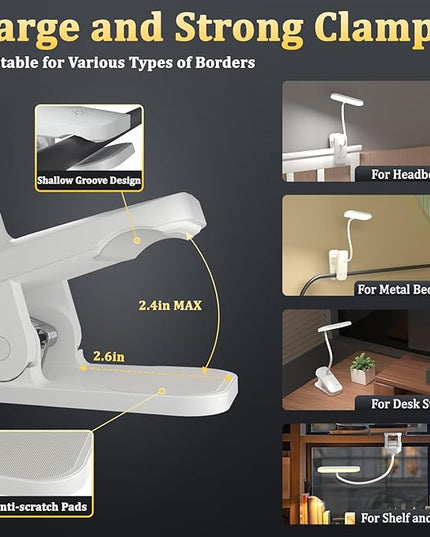 Desk Lamp Battery Operated, Clip on USB Rechargeable Reading Light for Headboard with Large Clamp, 25 Models Adjustable Cordless Touch Light for Bed Frame Bunk Dorm Table Bedside (White) - LeafyLoom
