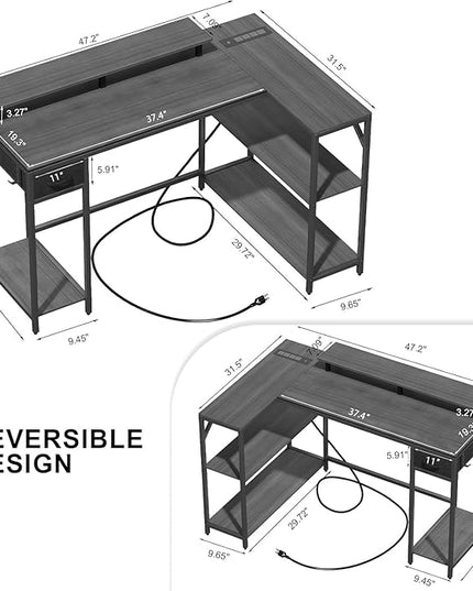 47 Inch L Shaped Desk Gaming Desk with LED Strip & Power Outlet, Reversible L-Shaped Computer Desk with Storage Shelf & Drawer, Corner Desk with Hook & Monitor Stands, Home Office Desk - LeafyLoom