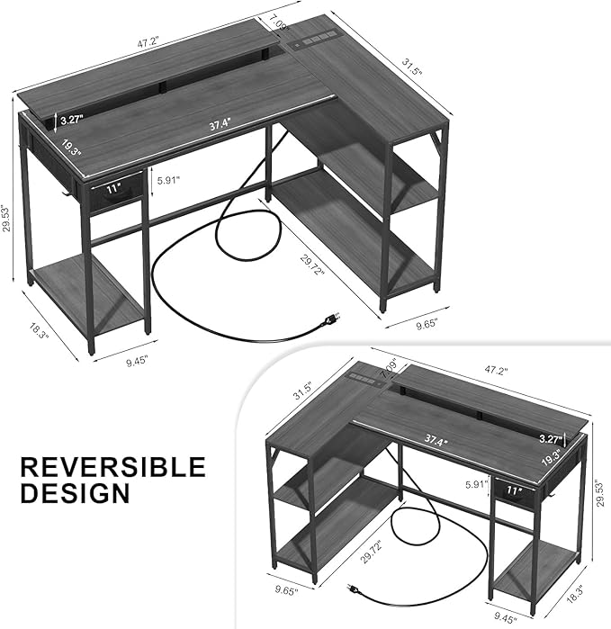 47 Inch L Shaped Desk Gaming Desk with LED Strip & Power Outlet, Reversible L-Shaped Computer Desk with Storage Shelf & Drawer, Corner Desk with Hook & Monitor Stands, Home Office Desk - LeafyLoom