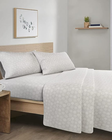 Comfort Spaces Cotton Flannel Breathable Warm Deep Pocket Sheets with Pillow Case Bedding, Queen, Grey/Aqua Snowflakes 4 Piece - LeafyLoom