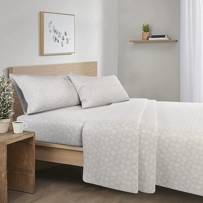 Comfort Spaces Cotton Flannel Breathable Warm Deep Pocket Sheets with Pillow Case Bedding, Queen, Grey/Aqua Snowflakes 4 Piece - LeafyLoom