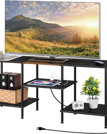 OYEAL Black Bedroom TV Stand with Storage Cabinet up to 50 inch TV, Small TV Console Table with Power Outlets 45 inch Media Entertainment Center for Living Room Bedroom - LeafyLoom