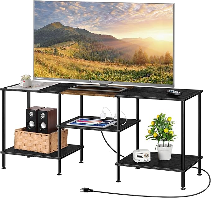 OYEAL Black Bedroom TV Stand with Storage Cabinet up to 50 inch TV, Small TV Console Table with Power Outlets 45 inch Media Entertainment Center for Living Room Bedroom - LeafyLoom
