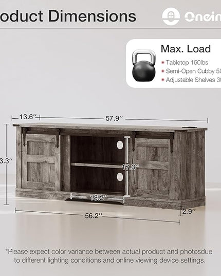oneinmil TV Stand for 65” TV, Entertainment Center with Storage Cabinets and Sliding Barn Doors, Rustic Media TV Console Table for Living Room, Bedroom, Grey - LeafyLoom
