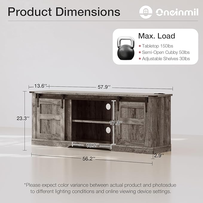 oneinmil TV Stand for 65” TV, Entertainment Center with Storage Cabinets and Sliding Barn Doors, Rustic Media TV Console Table for Living Room, Bedroom, Grey - LeafyLoom