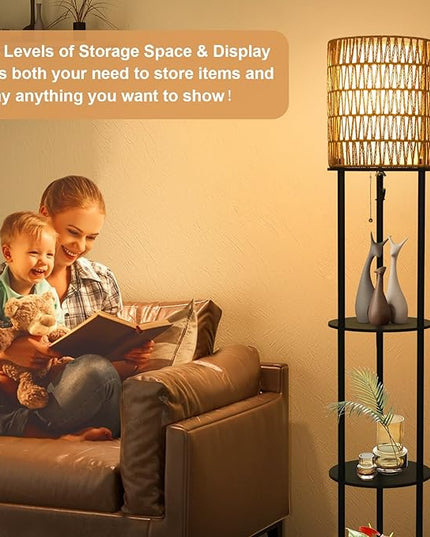 Floor Lamp with Shelves, Corner Floor Lamps for Living Room, Boho Floor Lamp with Double Shades, Rattan Standing Lamp for Bedroom Office, Shelf Tall Floor Lamp for Storage Display, Home Decor - LeafyLoom