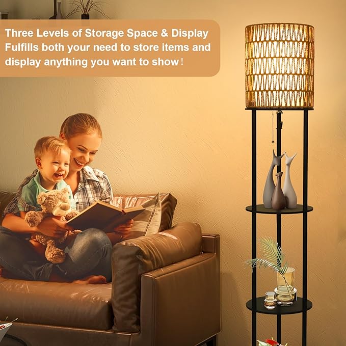 Floor Lamp with Shelves, Corner Floor Lamps for Living Room, Boho Floor Lamp with Double Shades, Rattan Standing Lamp for Bedroom Office, Shelf Tall Floor Lamp for Storage Display, Home Decor - LeafyLoom