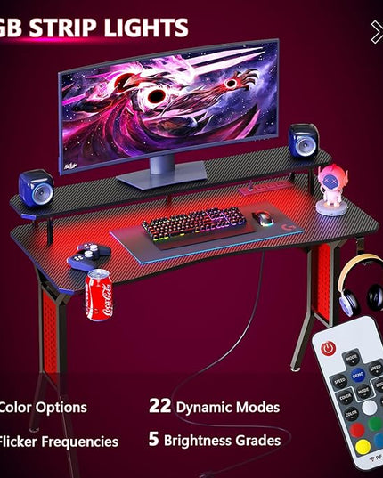 Gaming Desk with Power Outlets & LED Strip Lights,Computer Desk with Large Monitor Stand, Gamer Workstation with Stylish Metal Legs,Headphone Hook&Cup Holder for Home Office - LeafyLoom