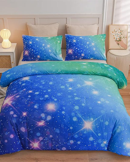 Holawakaka Kids Space Star Glitter Comforter Set Ombre Blue & Green Print Gradient Bedding Set Twin Size(Blue Green, Twin) - LeafyLoom