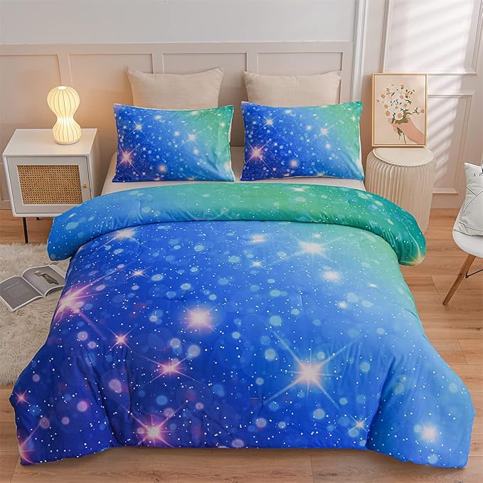 Holawakaka Kids Space Star Glitter Comforter Set Ombre Blue & Green Print Gradient Bedding Set Twin Size(Blue Green, Twin) - LeafyLoom