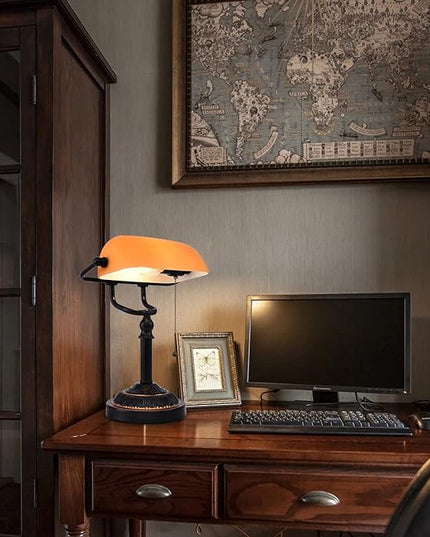 Rustic Desk Lamp Pull Chain, Traditional Bankers Desk Lamp with USB Port, Vintage Farmhouse Table Lamp for home office library - LeafyLoom