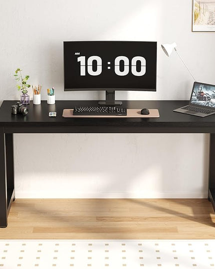 63 Inch Large Computer Desk Writing Study Work Office Table Home Office Desk Moderm Gaming Desk Simple Workstation with Storage Bag and Iron Hook - Black - LeafyLoom