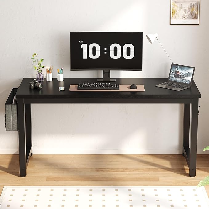 63 Inch Large Computer Desk Writing Study Work Office Table Home Office Desk Moderm Gaming Desk Simple Workstation with Storage Bag and Iron Hook - Black - LeafyLoom