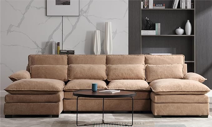 Symmetrical Modular Sectional Sofa with Chaise Lounge, 6 Seater Fabric Upholstered Cloud Couch, U Shaped Oversized Sleeper Sofa&Couches with Thicked Cushion & Detackable Backrest Living Room - LeafyLoom