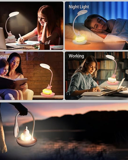 Kids Desk Lamp Pink, Dimming Desk Lamp for Girls with Exclusive Cartoon Look, Cute Night Light for Kids Bedroom, Eye-Caring LED Portable Reading Lamp for Child, Unique Gift (Pink Rabbit) - LeafyLoom