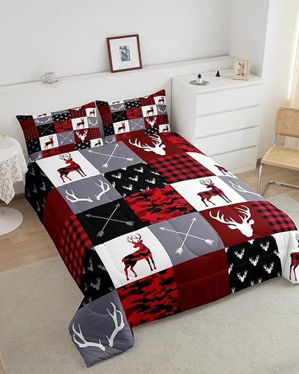 Boys Deer Antlers Silhouettes Comforter Set King Size,Geometric Plaids Patchwork Bedding Set 3pcs for Kids Teens Adults Girls Home Decor,Red Camouflage Christmas Xmas Down Comforter,Rustic Farmhouse - LeafyLoom