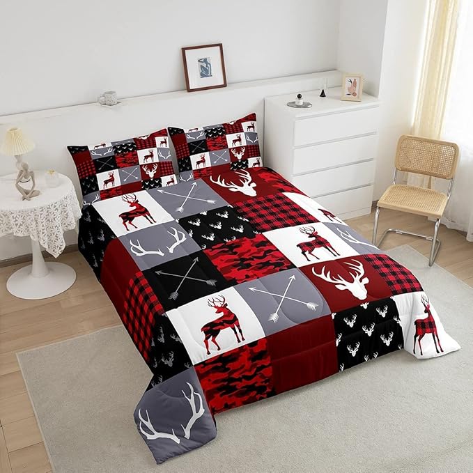 Boys Deer Antlers Silhouettes Comforter Set King Size,Geometric Plaids Patchwork Bedding Set 3pcs for Kids Teens Adults Girls Home Decor,Red Camouflage Christmas Xmas Down Comforter,Rustic Farmhouse - LeafyLoom
