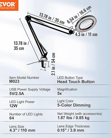 VEVOR Magnifying Glass with Light, 5X Magnifying Lamp, 4.3" Glass Lens, Desk Magnifier with Light, 64 LED Lights 5 Color Modes, with Clamp for Close Work, Reading, Repair Crafts - LeafyLoom