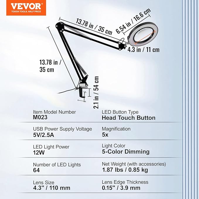 VEVOR Magnifying Glass with Light, 5X Magnifying Lamp, 4.3" Glass Lens, Desk Magnifier with Light, 64 LED Lights 5 Color Modes, with Clamp for Close Work, Reading, Repair Crafts - LeafyLoom
