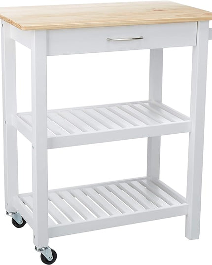 Amazon Basics 2 shelves Kitchen Island Cart with Storage, Solid Wood Top and Wheels, 35.4 x 18 x 36.5 inches, Natural / White - LeafyLoom
