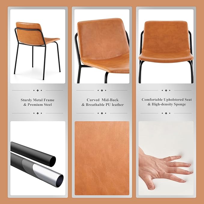 COLAMY Leather Dining Chairs Set of 2, Kitchen Dining Chairs with Back with Metal Legs for Kitchen Dining Living Room Restaurant Shop, Light Brown - LeafyLoom