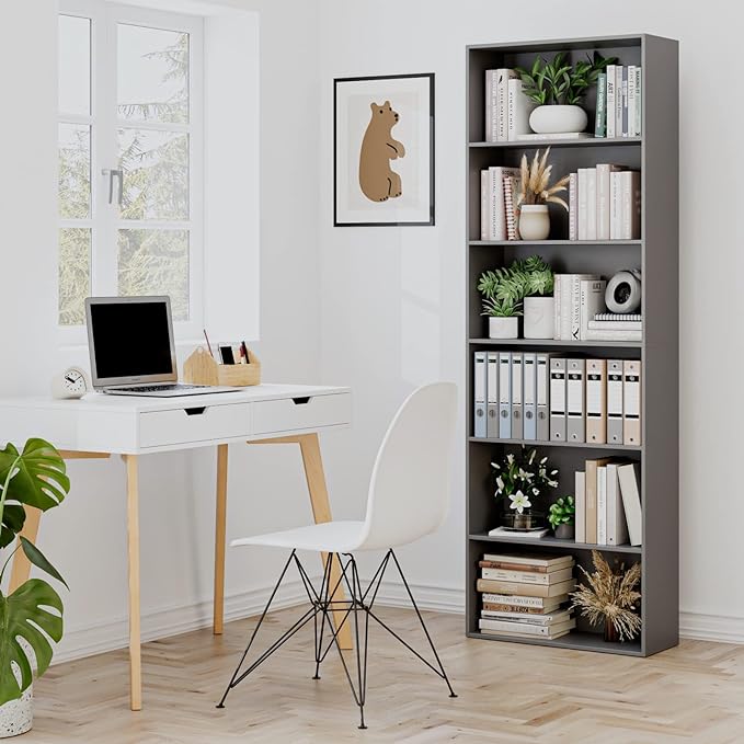 FOTOSOK 6-Tier Open Bookcase and Bookshelf, Freestanding Display Storage Shelves Tall Bookcase for Bedroom, Living Room and Office, Dark Gray - LeafyLoom