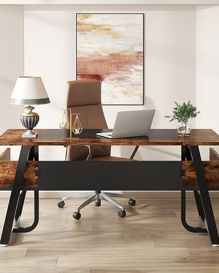 Tribesigns 63 inch Computer Desk Modern Office Desk with Shelf for Home Office, Large Writing Table Wood Business Workstation with Storage Shelves and Sturdy Metal Frame for Study Bedroom, Black Brown - LeafyLoom