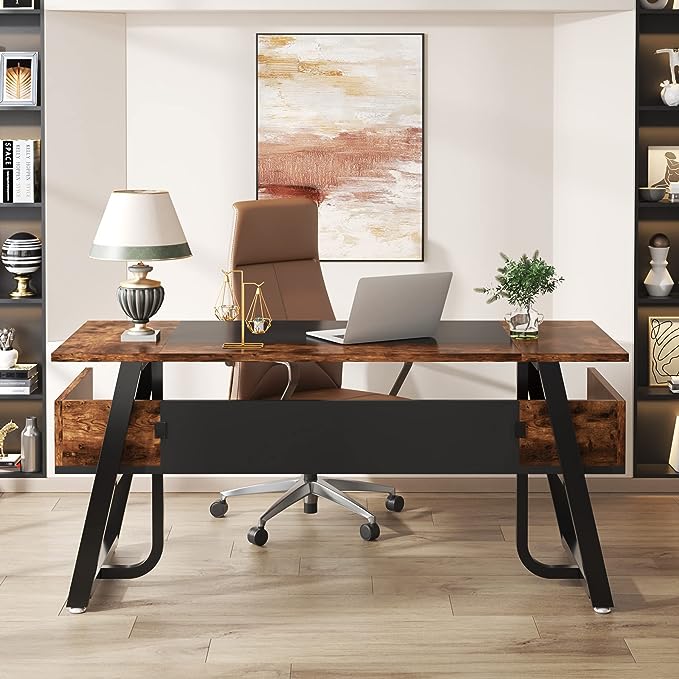 Tribesigns 63 inch Computer Desk Modern Office Desk with Shelf for Home Office, Large Writing Table Wood Business Workstation with Storage Shelves and Sturdy Metal Frame for Study Bedroom, Black Brown - LeafyLoom