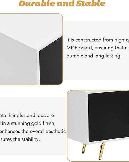 Merax Stylish TV Stand with Golden Metal Handles&Legs and Removable Compartment, Two-tone Media Console for Television Up to 80", Fluted Glass Door Storage Cabinet for Living Room, 78.7" Length, White - LeafyLoom