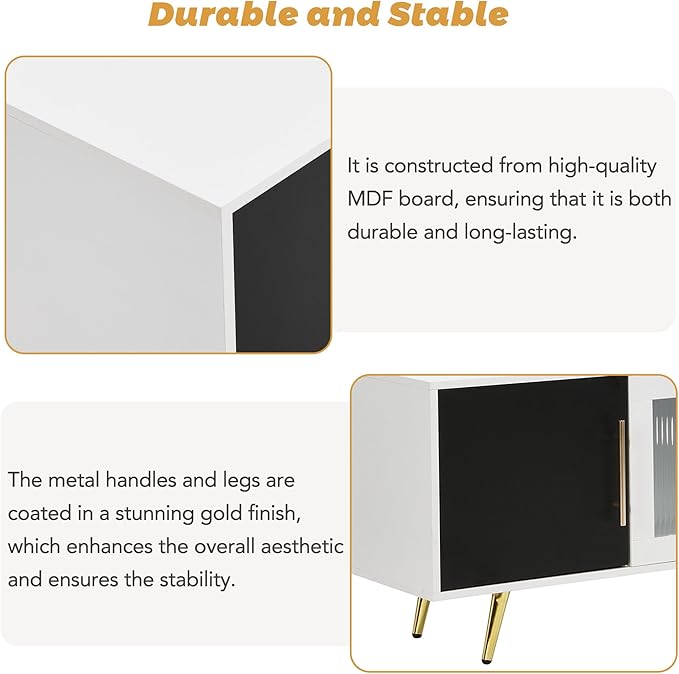 Merax Stylish TV Stand with Golden Metal Handles&Legs and Removable Compartment, Two-tone Media Console for Television Up to 80", Fluted Glass Door Storage Cabinet for Living Room, 78.7" Length, White - LeafyLoom