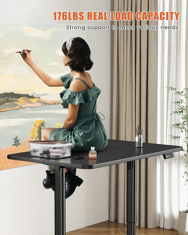 Electric Standing Desk Adjustable Height Stand Up Desk, 48" x 24" Sit Stand Desk, Low Noise Home Office Desk, Computer Desk with Splice Board, Child Lock & Memory Function, Black - LeafyLoom