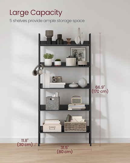 VASAGLE Bookshelf, 5-Tier Bookcase, Ladder Shelf for Home Office, Living Room, Bedroom, Kitchen, Ebony Black and Ink Black ULLS129B56 - LeafyLoom