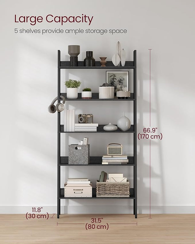 VASAGLE Bookshelf, 5-Tier Bookcase, Ladder Shelf for Home Office, Living Room, Bedroom, Kitchen, Ebony Black and Ink Black ULLS129B56 - LeafyLoom