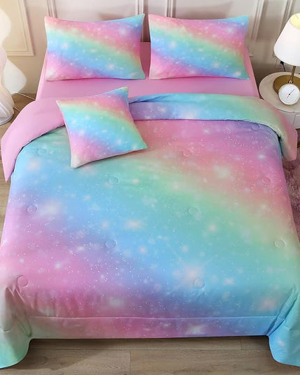 JQinHome Glitter Bedding Set Twin Size,6 Piece Bed in A Bag 3D Colorful Rainbow Galaxy Comforter Set for Girls Kids-All Season Microfiber Tie-Dye Bedding Sets(Rainbow) - LeafyLoom