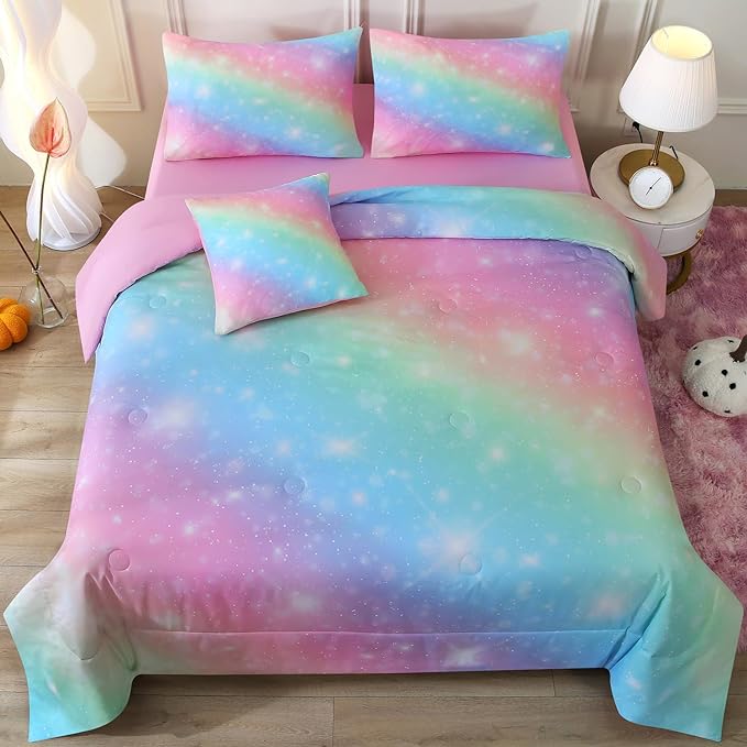 JQinHome Glitter Bedding Set Twin Size,6 Piece Bed in A Bag 3D Colorful Rainbow Galaxy Comforter Set for Girls Kids-All Season Microfiber Tie-Dye Bedding Sets(Rainbow) - LeafyLoom