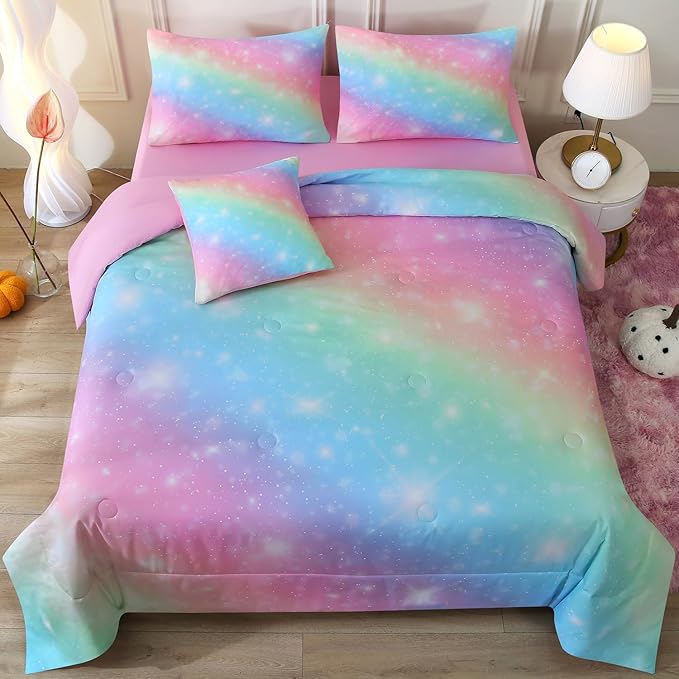 JQinHome Glitter Bedding Set Queen Size,6 Piece Bed in A Bag 3D Colorful Rainbow Galaxy Comforter Set for Girls Kids-All Season Microfiber Tie-Dye Bedding Sets(Rainbow) - LeafyLoom