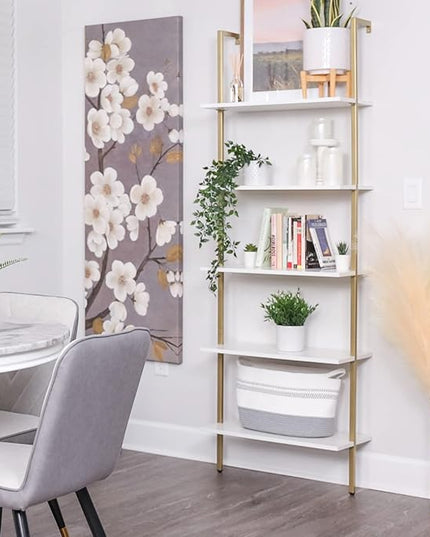 SUPERJARE Modern Ladder Shelf, 5-Tier Open Wall-Mounted Bookshelf with Stable Metal Frame, 72 Inches Storage Rack Shelves, Stand Bookcase for Home Office - White/Gold - LeafyLoom