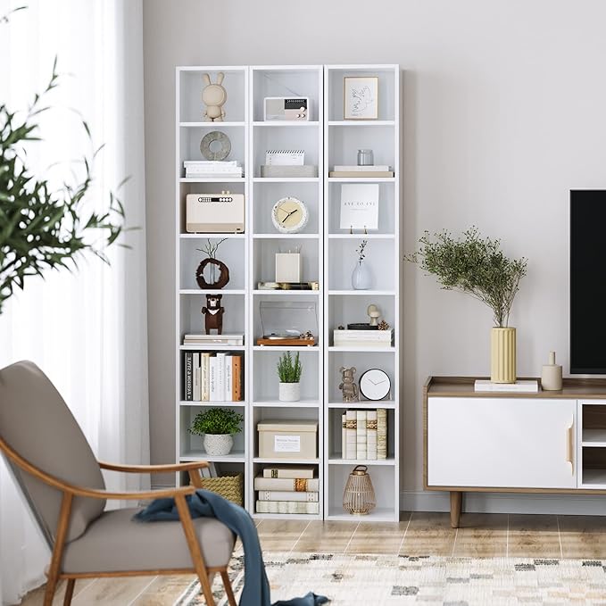 FOTOSOK 8-Tier Media Tower Rack, 11.6 X 9.3 X 70.9 Inches CD DVD Slim Storage Cabinet with Adjustable Shelves, Tall Narrow Bookcase Display Bookshelf for Home Office, white - LeafyLoom