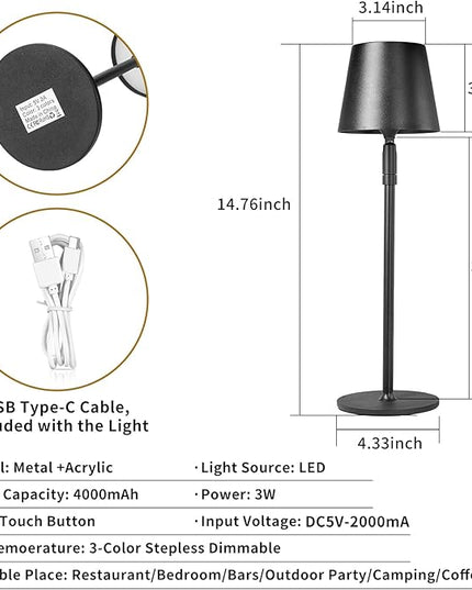 Cordless Table Lamp,Portable LED Desk Lamp, Battery Operated, 3 Color Stepless Dimming Up, for Restaurant/Bedroom/Bars/Outdoor Party/Camping/Coffee Shop Night Light。 (Black) - LeafyLoom
