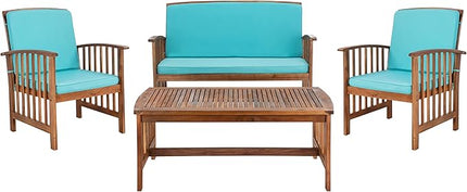 SAFAVIEH Outdoor Collection Rocklin Natural/ Aqua Cushion 4-Piece Conversation Patio Set - LeafyLoom