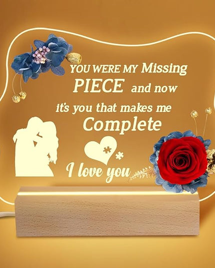 Yamonic Valentines Day Gifts for Her, Handmade Acrylic Plaque with Eternal Real Rose, Night Light with Preserved Rose Romantic Gifts for Girlfriend Wife Women (My Missing Piece) - LeafyLoom