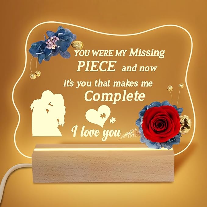 Yamonic Valentines Day Gifts for Her, Handmade Acrylic Plaque with Eternal Real Rose, Night Light with Preserved Rose Romantic Gifts for Girlfriend Wife Women (My Missing Piece) - LeafyLoom