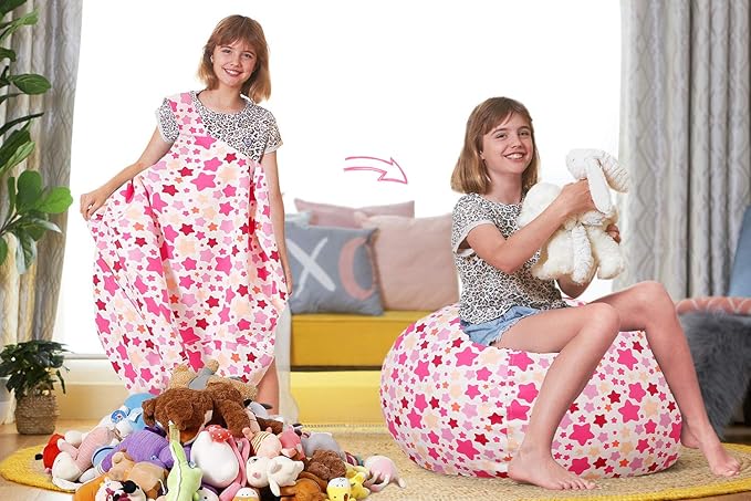 Aubliss Stuffed Animal Bean Bag Storage Chair (Pink Star, Large (38'')) - LeafyLoom