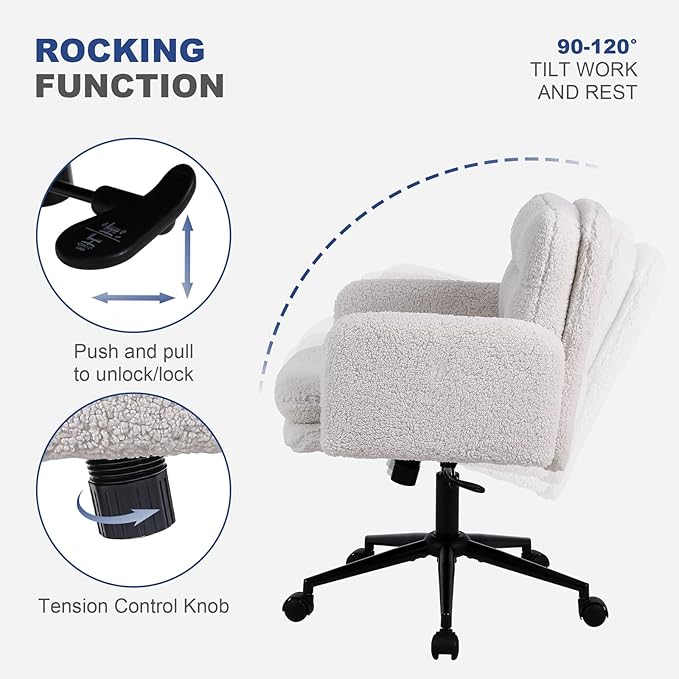 Adjustable Height Home Office Chair, Modern Mid Back Computer Desk Chair with Wheels, Ergonomic Upholstered Swivel Chair, Cream - LeafyLoom