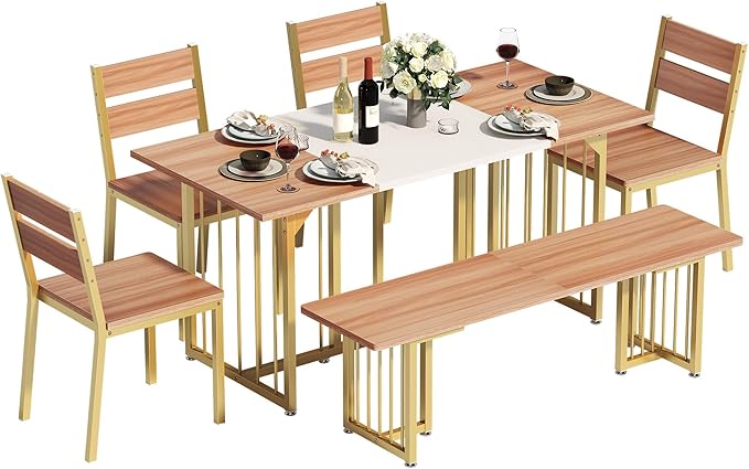DWVO 6-Piece Dining Table Set for 6-8 People, 63" Kitchen Table Set with a Bench and 4 Chairs, Modern Rectangular Dining Room Table Set for Kitchen, Dining Room - LeafyLoom