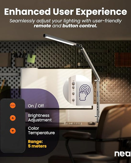 Neatfi LED Desk Lamp with Clamp, Touch & Remote Controlled, Stepless Dimming, 3 Color Modes, 3000-6000K, Detachable Shade, Flicker-Free, 360° Rotation, Wide Angle Lighting (Modern, Silver) - LeafyLoom