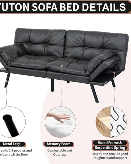 MUUEGM Futon Sofa Bed Convertible Memory Foam Sleeper Couch,Modern Faux Leather Loveseat for Living Room,Small Compact Space,Dorm,Office,Adjustable Armrests Backrest Sofabed, Matte Black - LeafyLoom