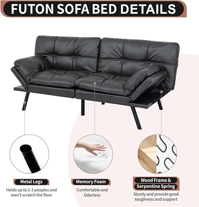 MUUEGM Futon Sofa Bed Convertible Memory Foam Sleeper Couch,Modern Faux Leather Loveseat for Living Room,Small Compact Space,Dorm,Office,Adjustable Armrests Backrest Sofabed, Matte Black - LeafyLoom