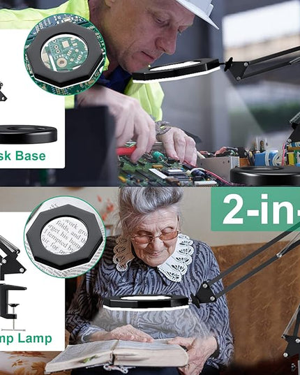 10X Magnifying Glass with Light Hand Free, HITTI 3 Color Stepless Dimmable Magnifying Lamp, 2-in-1 LED Lighted Deak Lamp & Clamp, Magnifier with Light and Stand for Craft Hobby Reading Close Workbench - LeafyLoom