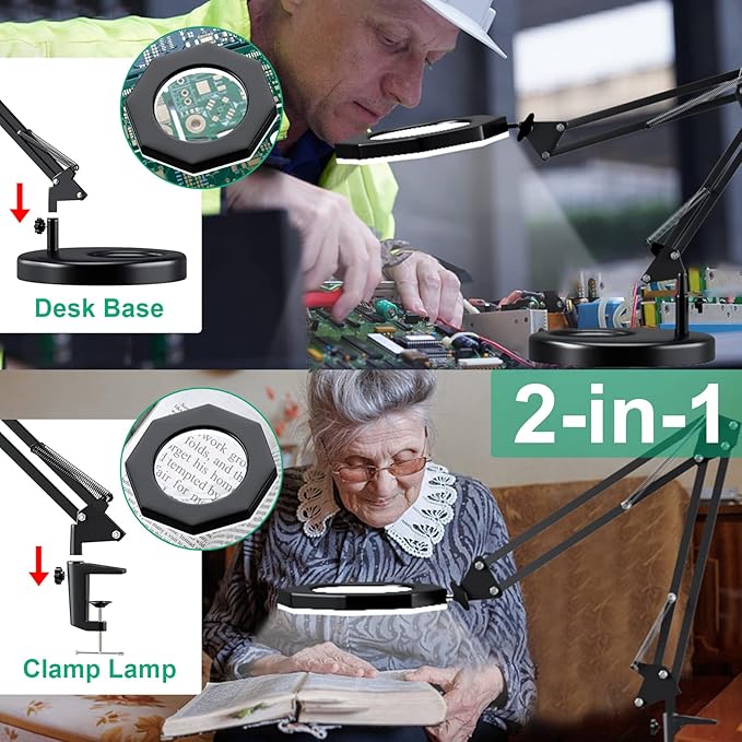 10X Magnifying Glass with Light Hand Free, HITTI 3 Color Stepless Dimmable Magnifying Lamp, 2-in-1 LED Lighted Deak Lamp & Clamp, Magnifier with Light and Stand for Craft Hobby Reading Close Workbench - LeafyLoom